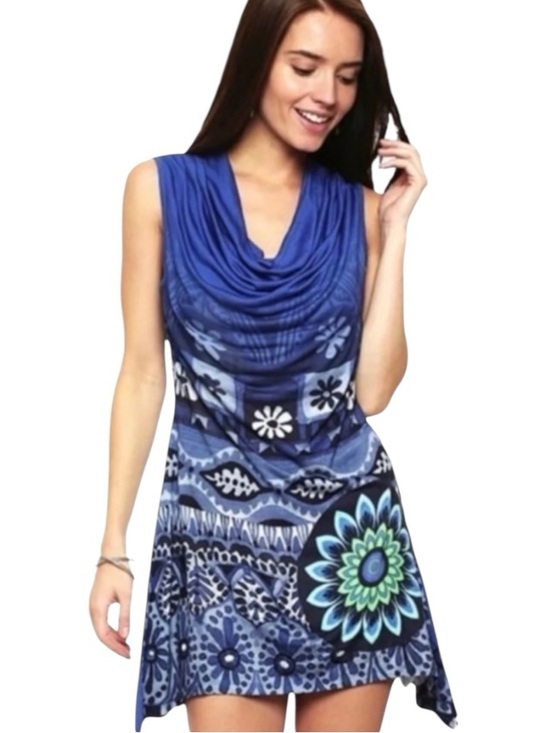 Desigual Dresses & Skirts - Desigual Blue Cowl Neck Handkerchief Hem Tunic Dress Floral Mandala Large L